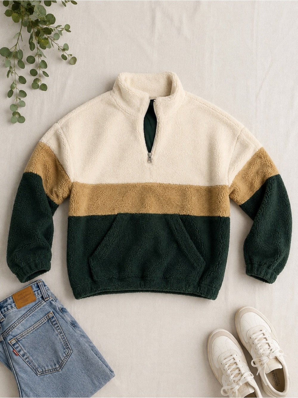 Zara Colourblock Sherpa Fleece Quarter Zip Pullover S/M Green Cream